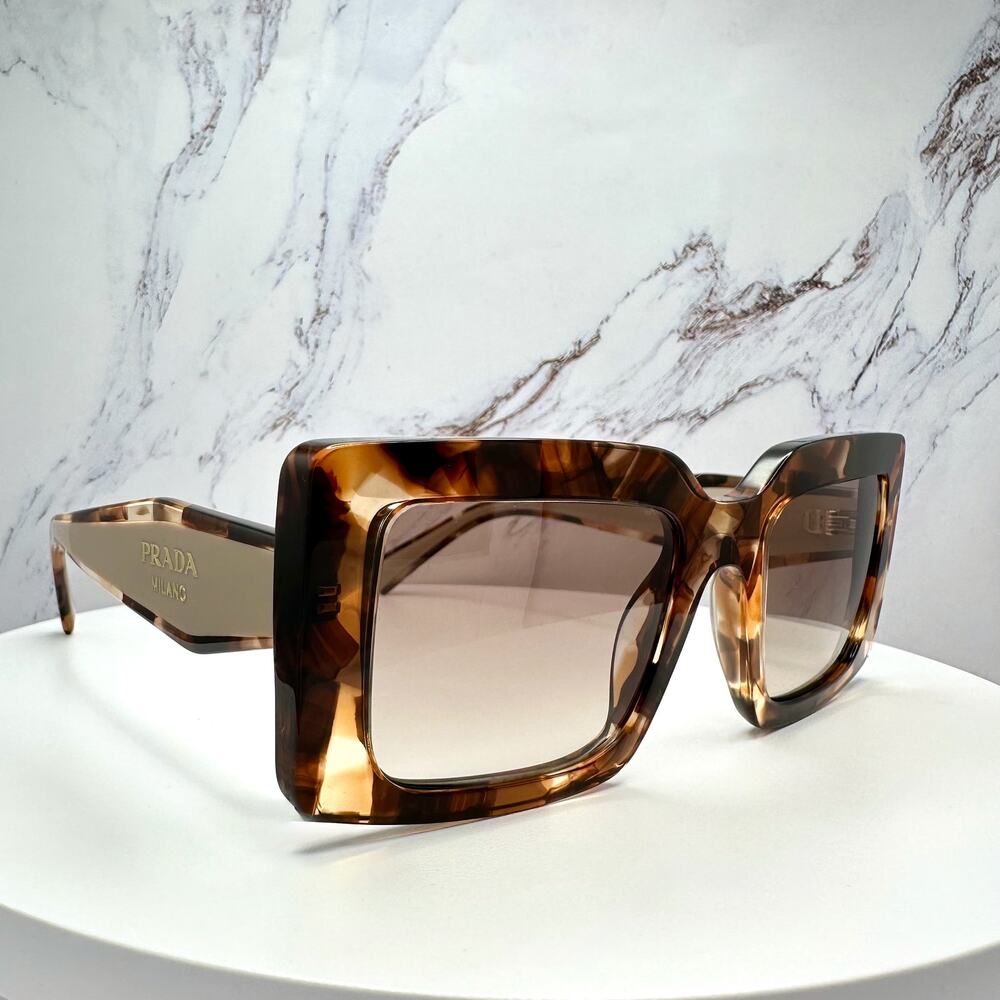 New PRADA Sunglasses Brown Beige Caramel Tortoise Gold Symbole Womens Rectangle - Picture 13 of 16